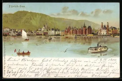 Lithographie Zürich, Ortsansicht, Zürich-See mit Uto