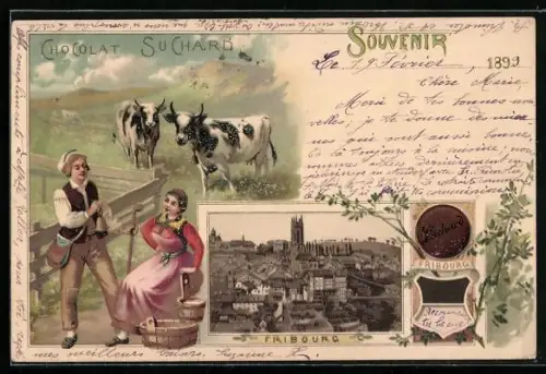 Lithographie Fribourg, Teilansicht der Stadt, Reklame für Chocolat Suchard