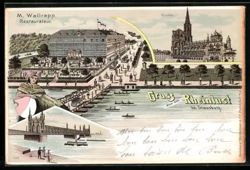 Lithographie Strassburg, Restaurant Rheinlust, Münster, Rheinbrücke