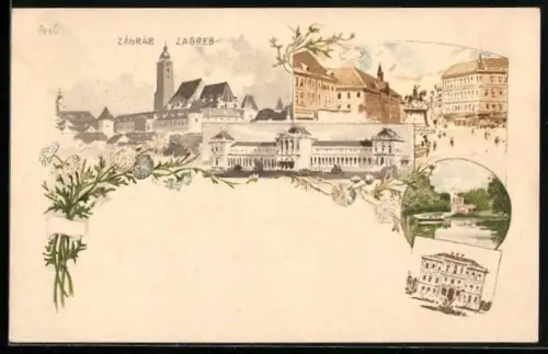 Lithographie Zagreb, Ortspartie, Strassenpartie mit Reiterdenkmal