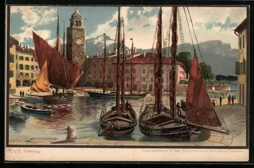 Künstler-AK Zeno Diemer: Riva, Schiffe am Hafen