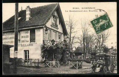 AK Robinson, Le Restaurant des Roches avec voiture ancienne et paysage boisé