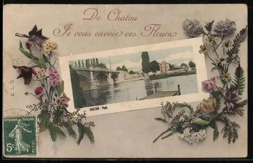 AK Chatou, Pont avec vue sur la rivière et les bâtiments adjacents