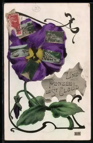 AK Saint-Cloud, Une pensée de St. Cloud avec des miniatures colorées et une pensée violette illustrée