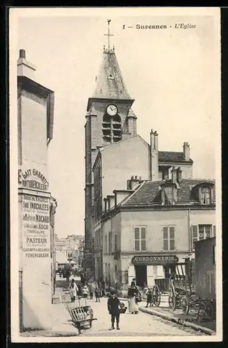 AK Suresnes, L`Église et rue animée avec passants et commerces