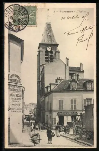 AK Suresnes, L`Église et la rue animée avec passants et boutiques