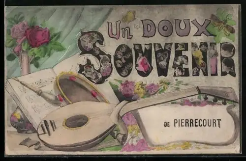 AK Pierrecourt, Un doux souvenir avec mandoline, fleurs et partition musicale