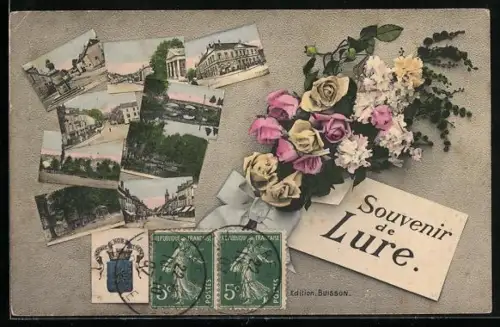 AK Lure, Souvenir avec bouquet de fleurs et cartes postales miniatures