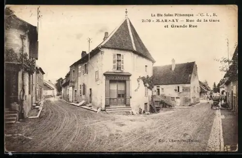 AK Marnay, Rue de la Gare et Grande Rue avec Boulangerie