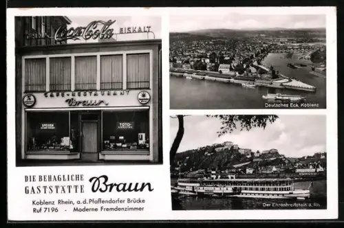 AK Koblenz a. Rhein, Gaststätte Braun, Deutsches Eck, Ehrenbreitstein