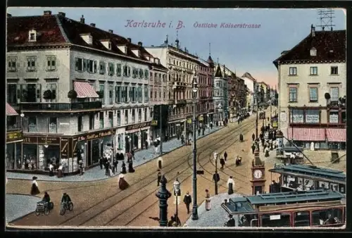 AK Karlsruhe i. B., Östliche Kaiserstrasse mit Strassenbahnen und Geschäft Adolf Stein