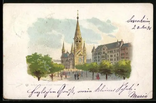 Lithographie Berlin-Charlottenburg, Kaiser Wilhelm Gedächtniskirche