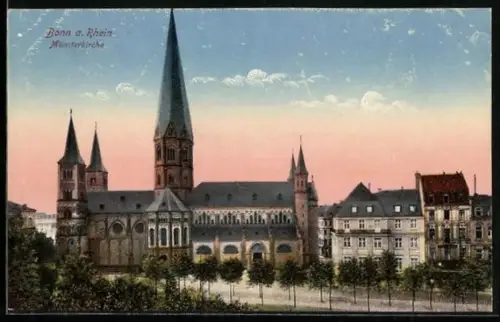 AK Bonn a. Rh., Münsterkirche mit Nachbargebäuden u. Strasse