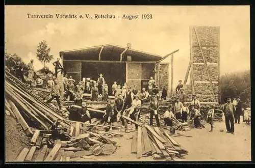 AK Rotschau, Turnverein Vorwärts e. V., Bauarbeiten im August 1923