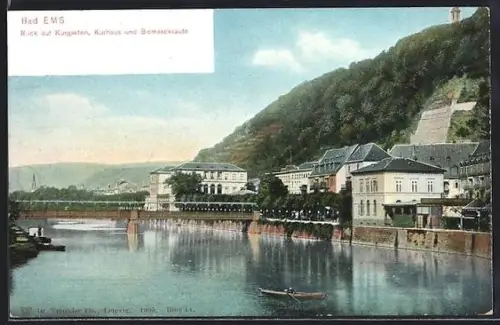 AK Bad Ems, Kurgarten, Kurhaus und Bismarcksäule, vom Wasser gesehen