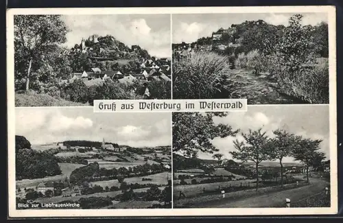 AK Westerburg i. Westerwald, Flusspartie, Totalansicht, Ortsansicht mit Liebfrauenkirche