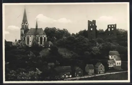 AK Castellaun, Kirche und Burgruine mit Umgebung
