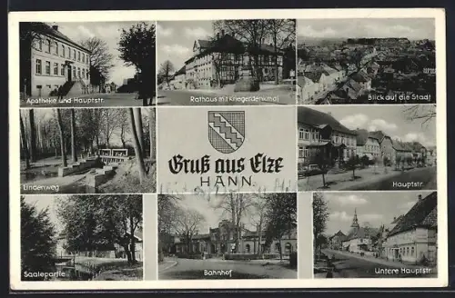 AK Elze /Hann., Rathaus mit Kriegerdenkmal, Bahnhof, Hauptstrasse