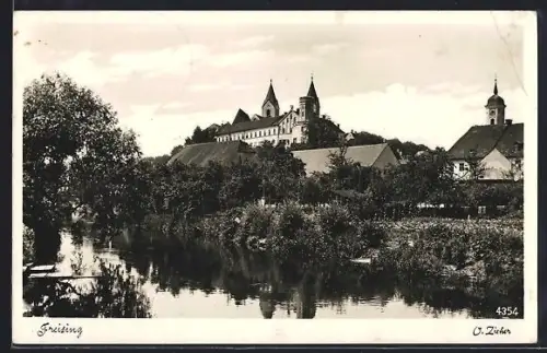 AK Freising, Ortsansicht vom Wasser aus, Türme