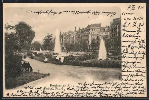 AK Köln-Neustadt, Deutscher Ring, Wasserfontänen, Leute