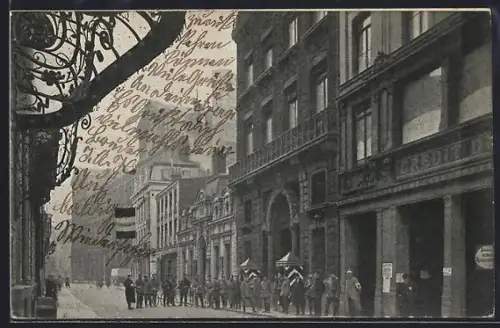AK Lille, Scène de rue animée avec soldats devant le Crédit Lyonnais