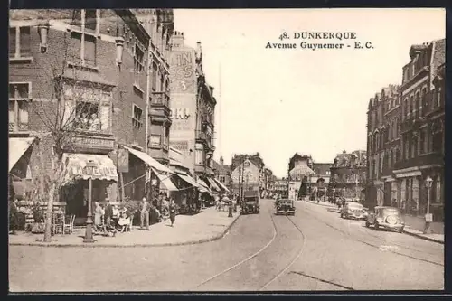 AK Dunkerque, Avenue Guynemer avec tramway et bâtiments historiques