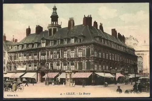 AK Lille, La Bourse avec des passants et des voitures à cheval