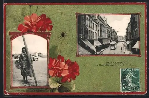 AK Dunkerque, La Rue Alexandre III et pêcheuse sur la plage, Strassenbahn