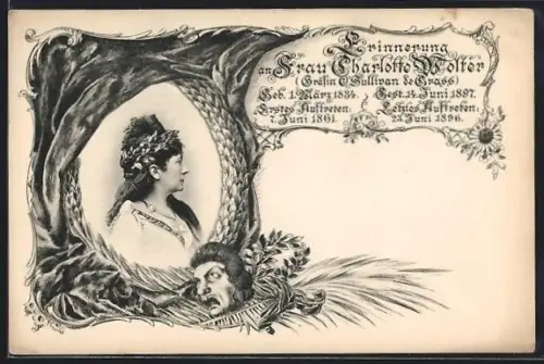 AK Schauspielerin Charlotte Wolter, Gedenkkarte für die Gräfin O`Sullivan de Grass