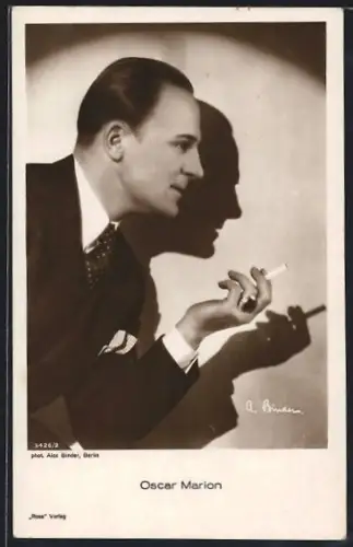 AK Schauspieler Oscar Marion im Anzug mit Zigarette porträtiert