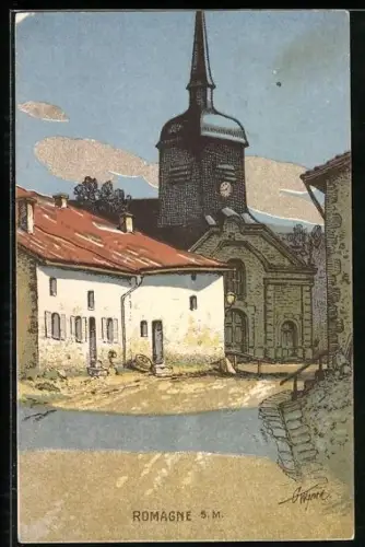 AK Romagne /S.-M., Vue de l`église et des maisons du village
