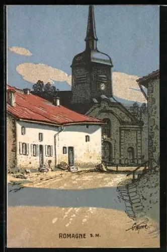 AK Romagne /S.M., Vue de l`église et des maisons du village