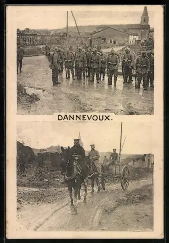 AK Dannevoux, Soldats allemands et scène de transport avec chevaux pendant la guerre