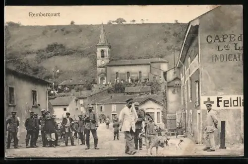 AK Rembercourt, Scène animée devant l`église et le café du village