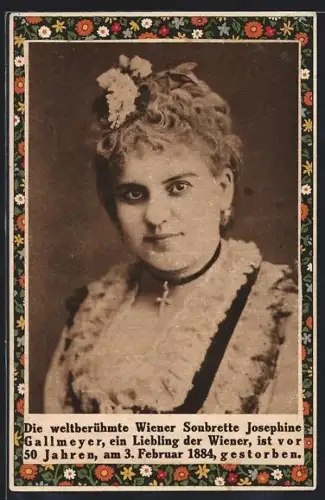 AK Opernsängerin Josephine Gallmeyer in floralem Rahmen