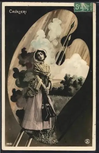 Foto-AK Atelier Reutlinger, Paris: Opernsängerin Cavalieri, Portrait auf Malerpalette