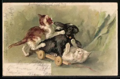 Lithographie Zwei Katzenbabys und ein Hase spielen mit einem kleinen Wagen