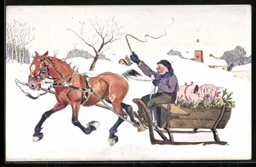 AK Bauer transportiert Schweine im Pferdeschlitten
