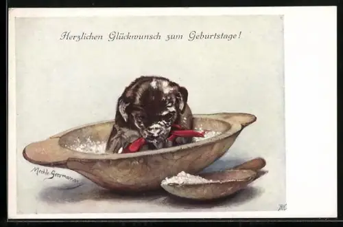 AK Hundewelpe in gefüllter Breischale, Geburtstagsgruss