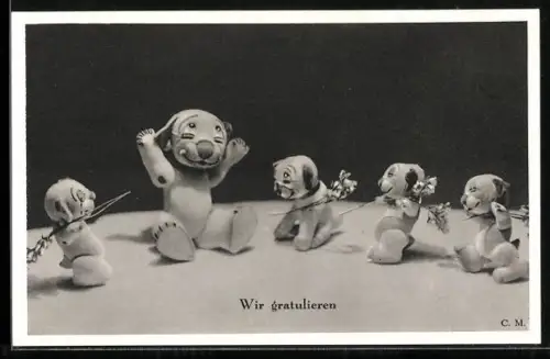 AK Wir gratulieren, Bonzo-Puppen mit Blumen