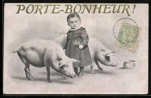 AK Porte-Bonheur!, Kleinkind zwischen zwei Schweinen