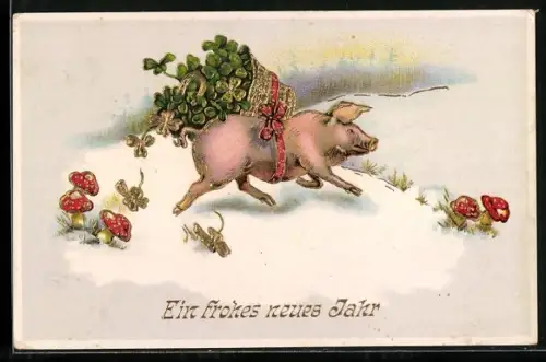 Präge-AK Schwein mit Glücksklee-Korb im Schnee, Fliegenpilze, Neujahrsgruss