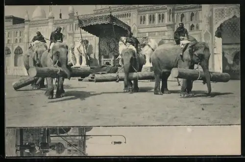 AK Arbeitselefanten mit Holzstämmen u. Sänfte vor einem Palast