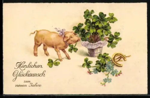 AK Schwein mit Glücksklee-Topf, Hufeisen, Neujahrsgruss
