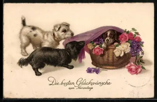 AK Zwei Hundewelpen ziehen Decke von Körbchen mit drittem Welpen, Blumen, Namenstagsgruss
