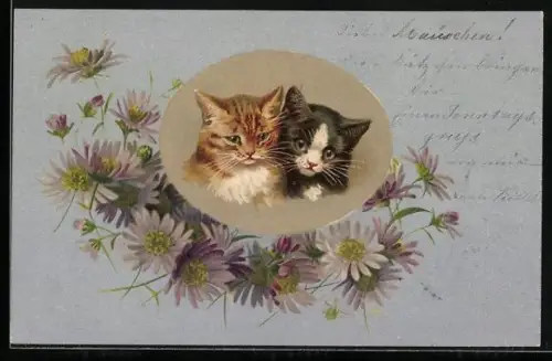 Lithographie Zwei kleine Katzen, Blumen