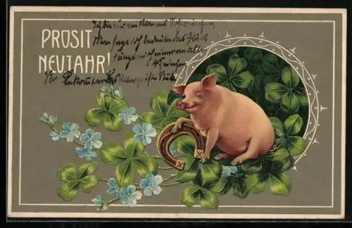 Präge-AK Glücksschwein mit Hufeisen, Glücksklee, Vergissmeinnicht, Neujahrsgruss