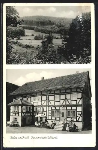 AK Hülsa am Knüll, Pensionshaus Eckhardt, Landschaftspartie mit Blick auf dem Wald