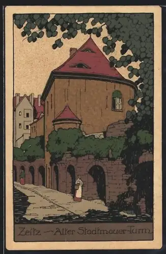 Steindruck-AK Zeitz, Alter Stadtmauer-Turm
