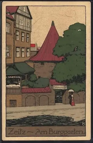 Steindruck-AK Zeitz, Partie am Burggarten